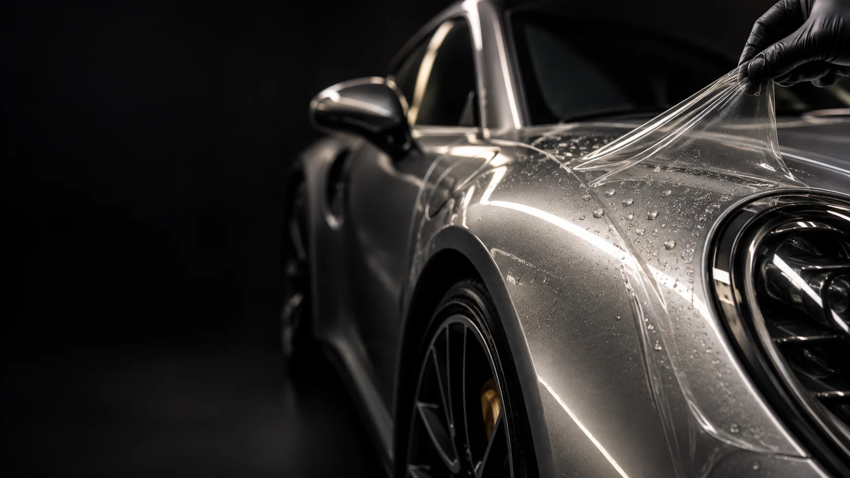 Concept close-up of clear protective film fitted to a silver car